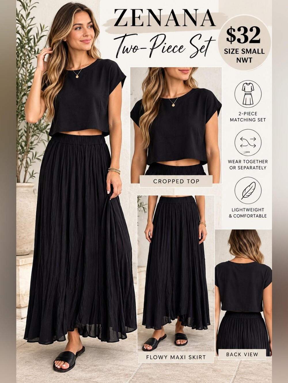Zenana Outfitters Black Two-Piece Semi-Cropped Top & Flowing Maxi Skirt Set